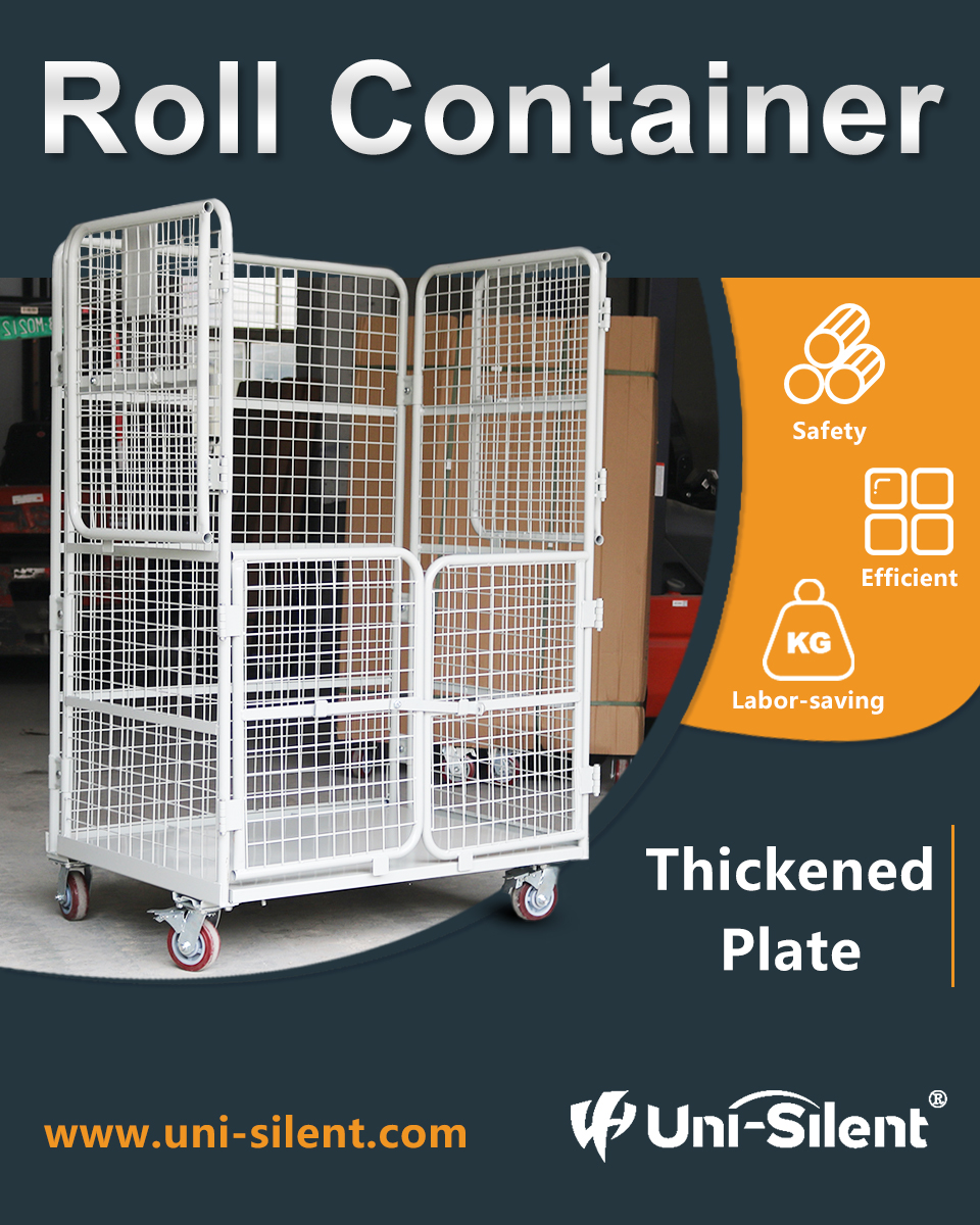 Uni-Silent Industrial Rolling Cage Cart Nesting Steel Wire Mesh Cart Warehouse Roll Container Trolley